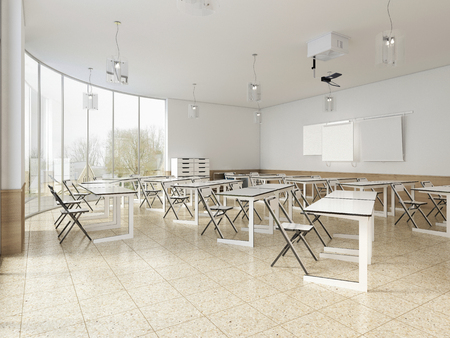 Modern classroom with large panoramic windows and white desks, bright interior. 3d renderingの写真素材