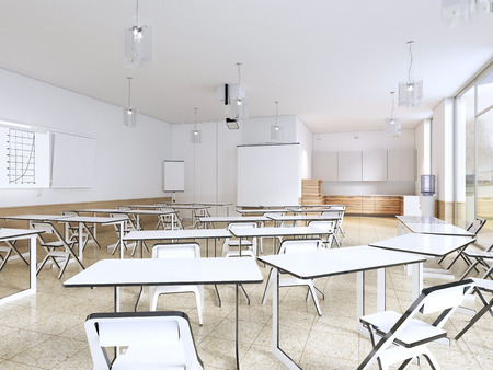 Modern classroom with large panoramic windows and white desks, bright interior. 3d renderingの写真素材