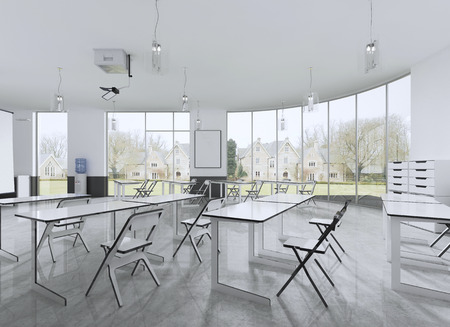 Lecture chairs and desk in a class room with panoramic windows. 3d renderingの写真素材