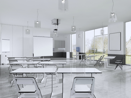 Lecture chairs and desk in a class room with panoramic windows. 3d renderingの写真素材