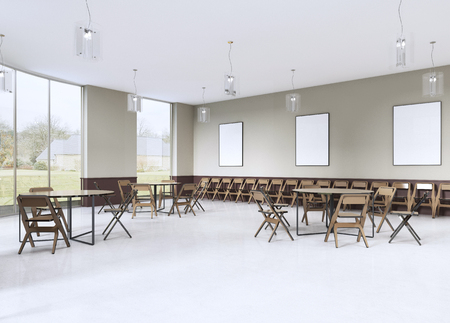 modern training room with brown furniture and olive walls. 3d rendering.の写真素材
