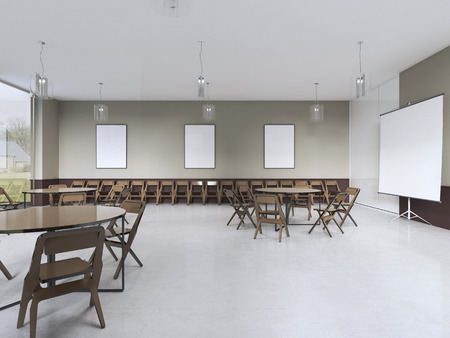 modern training room with brown furniture and olive walls. 3d rendering.の写真素材