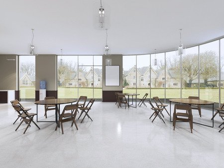 Training room with round tables and brown furniture. 3d renderingの写真素材