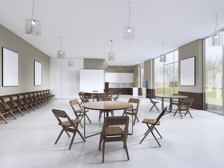 Training room with round tables and brown furniture. 3d renderingの写真素材
