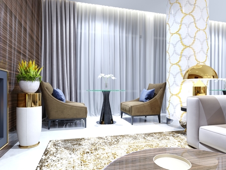 A table with two easy chairs in the contemporary lounge restaurant. Lighted comfortable space with large windows with evening lighting. 3D renderingの写真素材