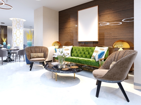 Reception area and lounge area with beautiful colored furniture, a sofa with two armchairs, metal legs and soft upholstery. The painting on the wooden wall, decorative flowerpots and a magazine table. 3d rendering.の写真素材