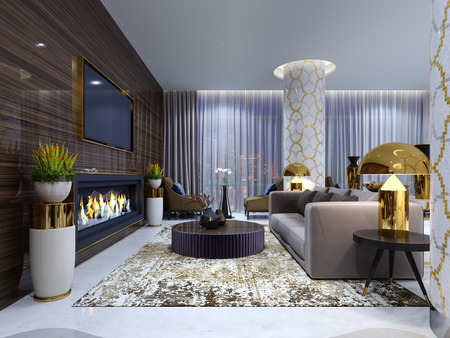 fireplace lounge area in a luxury hotel with a soft sofa, armchairs and a coffee table. Wooden wall with built-in TV and fireplace. 3d renderingの写真素材
