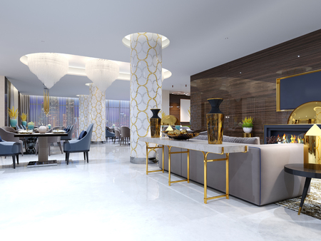 The magnificent design console with a white table-top and gold legs. Gold decor, vases. Luang area with a sofa, armchair and fireplace with TV. 3d renderingの写真素材