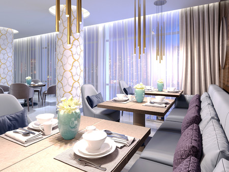 Served tables in the hotel restaurant with luxurious furniture in a modern design. 3d renderingの写真素材