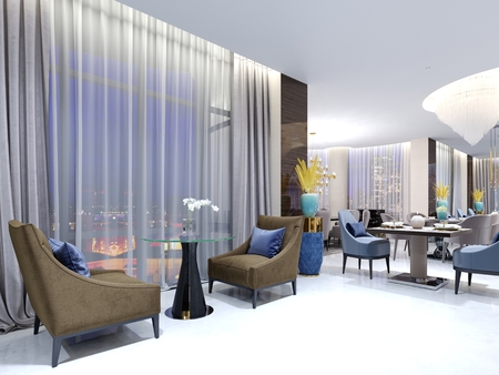 A table with two easy chairs in the contemporary lounge restaurant. Lighted comfortable space with large windows with evening lighting. 3D renderingの写真素材