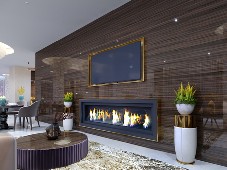 Luxurious modern fireplace in the hotel, in a cozy waiting area, wooden wall with built-in TV and fireplace. With stands for flowerpots and burning fire. TV unit. 3d renderingの写真素材