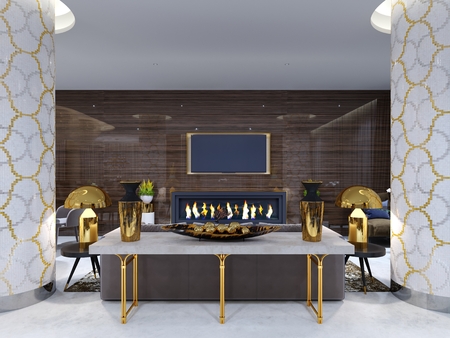 fireplace lounge area in a luxury hotel with a soft sofa, armchairs and a coffee table. Wooden wall with built-in TV and fireplace. 3d renderingの写真素材