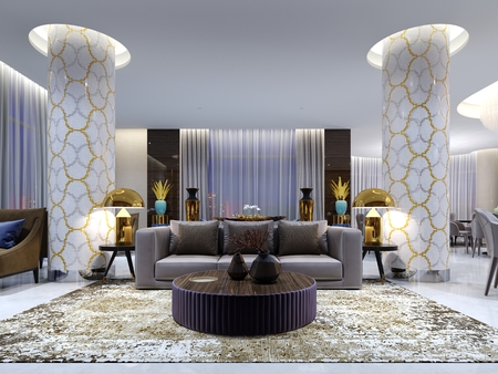 Reception and lounge area in hotel, Luxury sofa with two armchair with side tables with golden lamps and coffee table. 3d renderingの写真素材