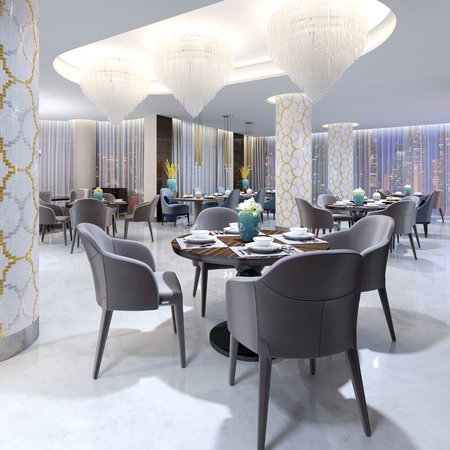 Modern evening restaurant in hotel with various furniture and the hidden ceiling light and patterns from a mosaic on white columns. 3d rendering.の写真素材
