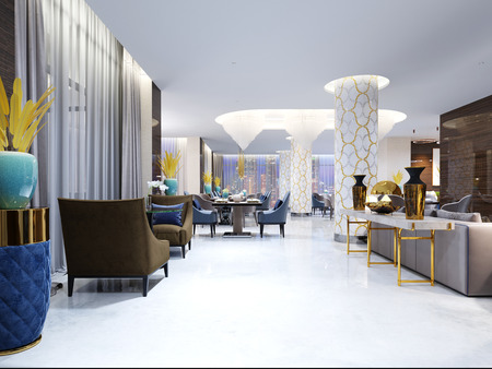 Restaurant and lounge area in a modern hotel. 3d renderingの写真素材