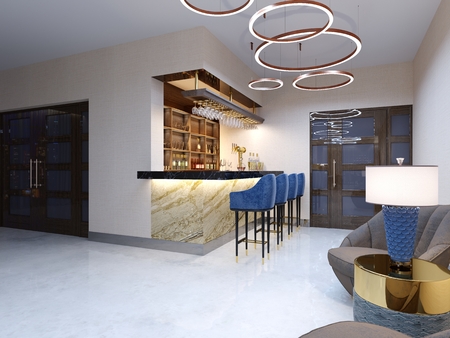 A small bar in the bar area with a seating area. Marble counter with blue bar stools and shelves with alcoholic beverages. 3d renderingの写真素材