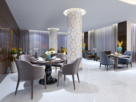 Modern evening restaurant in hotel with various furniture and the hidden ceiling light and patterns from a mosaic on white columns. 3d rendering.の写真素材