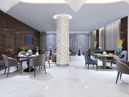 Modern evening restaurant in hotel with various furniture and the hidden ceiling light and patterns from a mosaic on white columns. 3d rendering.の写真素材