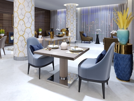 Modern evening restaurant in hotel with various furniture and the hidden ceiling light and patterns from a mosaic on white columns. 3d rendering.の写真素材