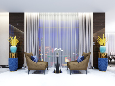 A table with two easy chairs in the lounge area of the hotel. Glass table top, wooden legs. Fabric armchair. Decorative pot. 3d renderingの写真素材