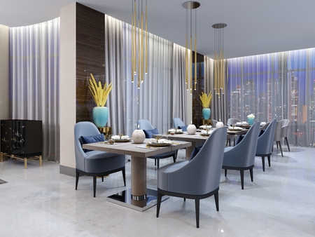 Modern evening restaurant in hotel with various furniture and the hidden ceiling light and patterns from a mosaic on white columns. 3d rendering.の写真素材