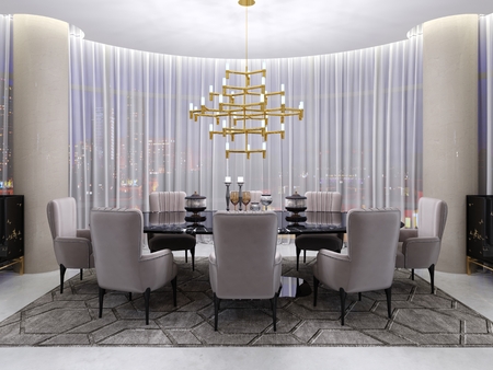 Large dining table in the hotel for eight people with a black table with a glass tabletop. Large and soft comfortable chairs and a golden chandelier near a large panoramic window. 3d rendering.の写真素材