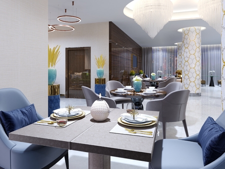 Luxurious hotel restaurant in modern style with colorful furniture. 3d rendering.の写真素材