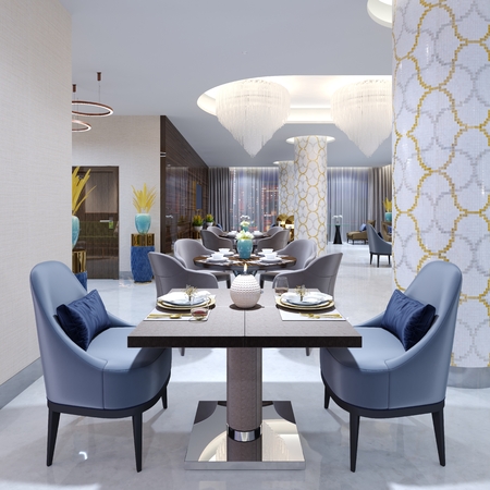Luxurious hotel restaurant in modern style with colorful furniture. 3d rendering.の写真素材