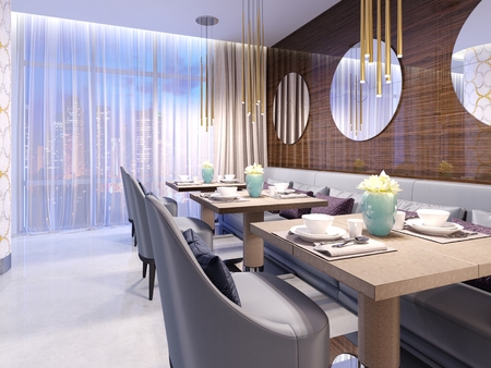 Modern restaurant with wooden decorative wall and round mirrors. Gold pendant lights. Purple sofa and chairs with tables. Served tables. 3d rendering.の写真素材