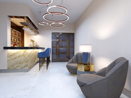 A small bar in the bar area with a seating area. Marble counter with blue bar stools and shelves with alcoholic beverages. 3d renderingの写真素材