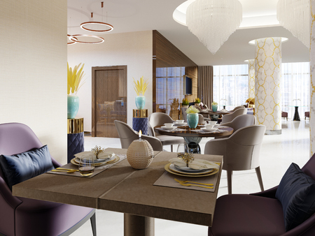 The luxurious restaurant in the hotel has a modern interior design, soft armchairs and served tables. 3d renderingの写真素材