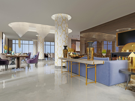 Lobby hotel, light colors space with a golden console with decor, a sofa and armchairs with tables. 3d renderingの写真素材