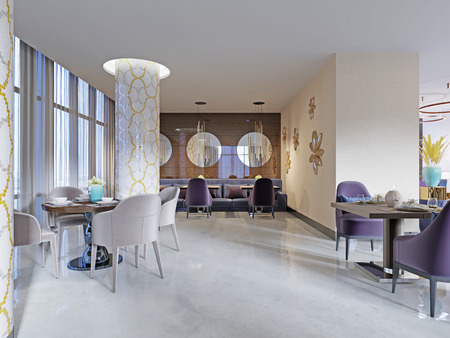 Restaurant interior, part of a hotel, wall with round mirrors. 3d renderingの写真素材