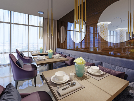 Restaurant interior, part of a hotel, wall with round mirrors. 3d renderingの写真素材
