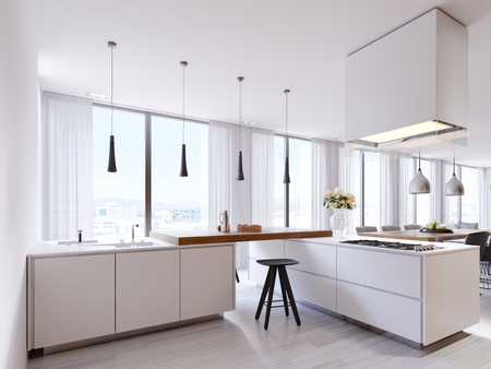 White corner kitchen in contemporary style, with bar top and black chairs. Suspended lamps and square hood, panoramic windows and dining area. 3d renderingの写真素材