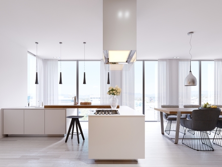 White corner kitchen in contemporary style, with bar top and black chairs. Suspended lamps and square hood, panoramic windows and dining area. 3d renderingの写真素材