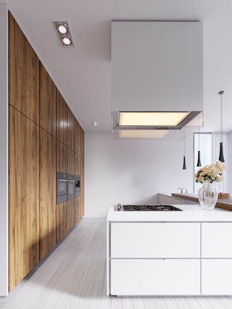 Minimalistic modern kitchen in white with elements of hardwood panels and countertops. Built-in appliances, pendant lamps and free-standing rectangular hood. 3d renderingの写真素材