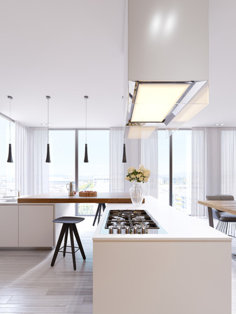 Technological modern kitchen in a minimalist style with a new generation of appliances. Hob, illuminated glass hood, ceiling lights, bar countertops, chairs and d?cor. 3d renderの写真素材