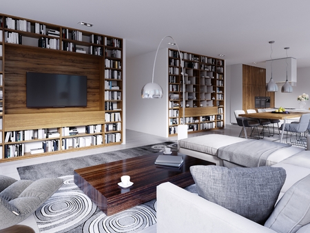 Contemporary interior has a bright living room with a Scandinavian-style kitchen with built-in wooden shelves with books and a TV. 3d renderingの写真素材