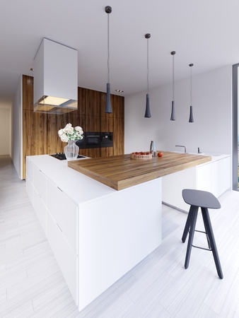 Minimalistic modern kitchen in white with elements of hardwood panels and countertops. Built-in appliances, pendant lamps and free-standing rectangular hood. 3d renderingの写真素材