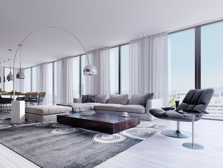 Modern living room with huge windows and designer armchair and dining table. 3d renderingの写真素材