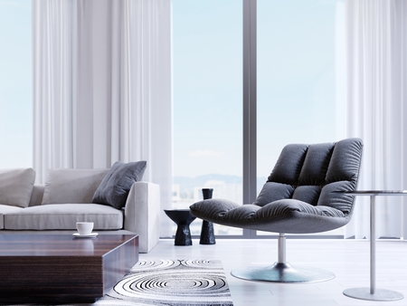 Designer black chair by the window in a modern interior. depth of field effect. 3d renderingの写真素材