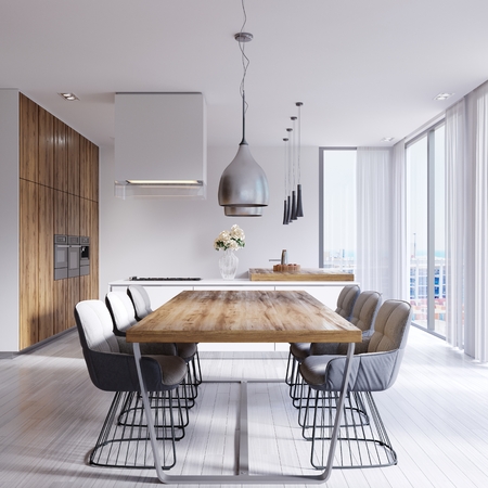 Contemporary dining room with large table and loft style chairs. 3d renderingの写真素材