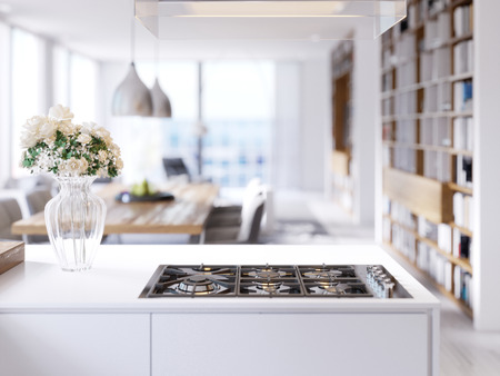 Modern technological built-in kitchen appliances, hob, gas stove, mixer, sink. 3d renderingの写真素材