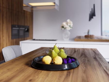 The decor on the wooden dining table and bar. depth of field effect. 3d renderingの写真素材