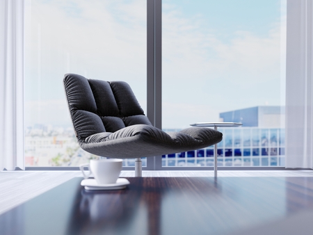 Designer black chair by the window in a modern interior. depth of field effect. 3d renderingの写真素材