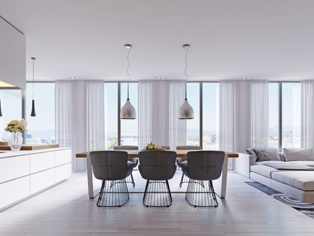 Contemporary dining room with large table and loft style chairs. 3d renderingの写真素材