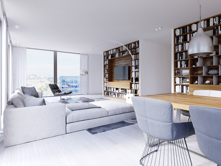 There are sofas and armchairs in the modern living room including wooden table with creative carpet with ornaments items on it. Long bookshelves and TV stand and bookshelves white wall. 3d renderingの写真素材