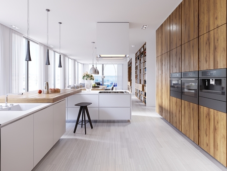 Bright kitchen contemporary style overlooking the living. White and wooden facade. Built-in appliances and designer hoods. Suspended lamps on a massive countertop bar. White parquet. 3d rendering.の写真素材
