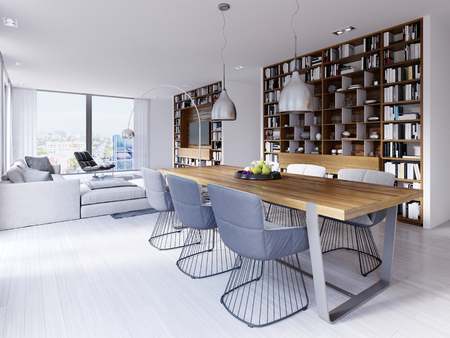 dining area with a modern designer table with six chairs in a loft style. Large built-in shelves for books, kitchen and living area. 3d renderingの写真素材